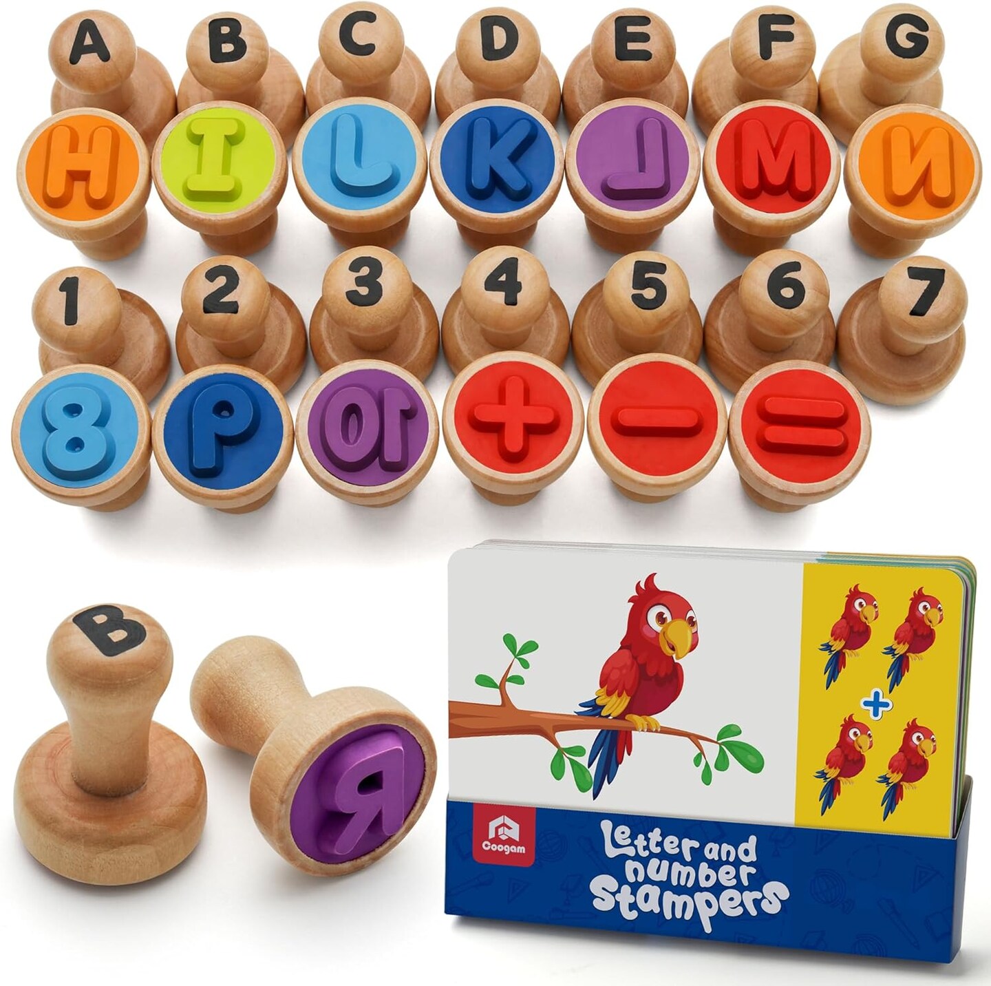 Wooden Alphabet Number Stamp Flashcard Set, ABC Spelling and Math Learning Stampers, Montessori Educational Toy for Ages 3-5