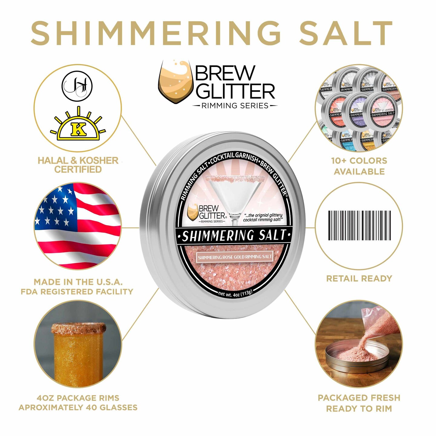 Brew Glitter - Shimmering Rose Gold Rimming Salt (4oz, 1x Bar Tin) Edible Glitter Blended Cocktail Garnish for Mixed Drinks and Beverages