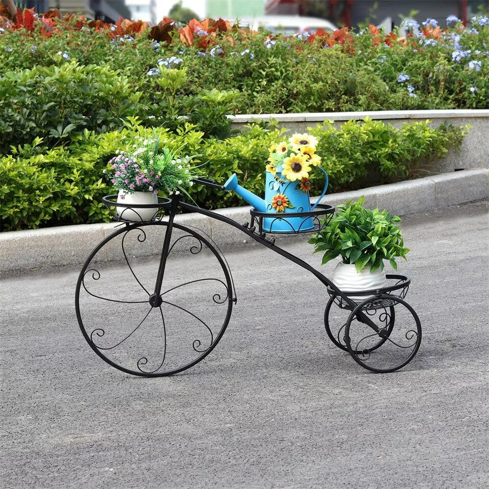 Bicycle Shape Plant Stand Wrought Iron Tricycle Planter Home Garden Patio Decor