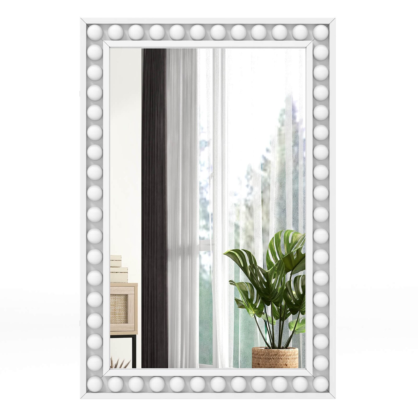 Costway 24&#x22; x 36&#x22; Rustic Decorative Wall Mirror with Solid Wood Frame Beads for Living Room Brown/White