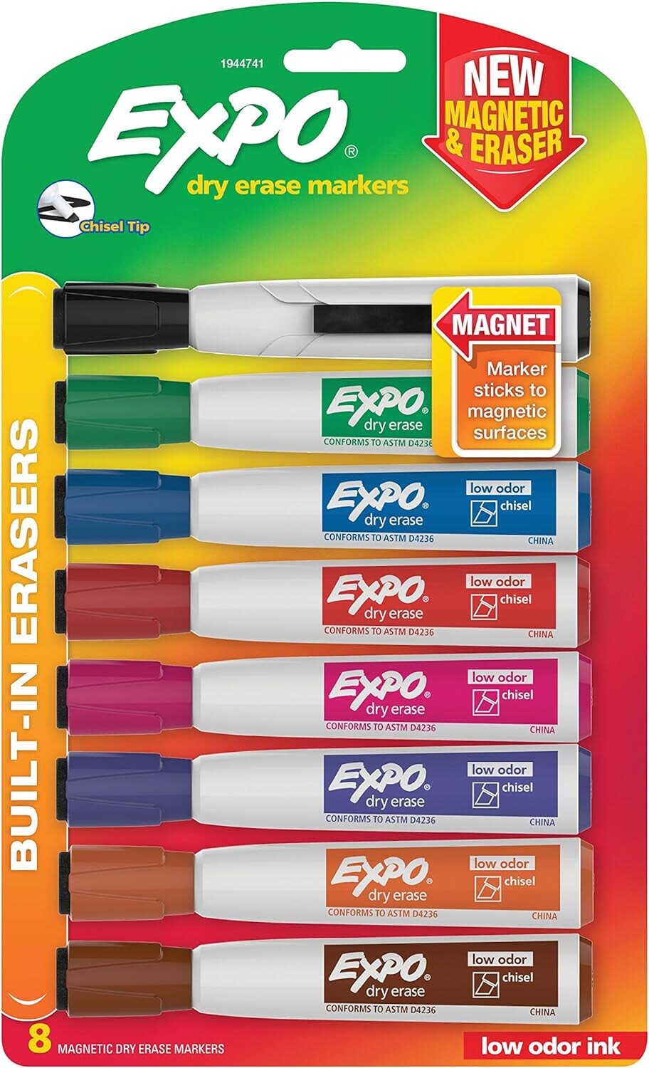 Magnetic Dry Erase Markers with Eraser, Chisel Tip, Black, 4 Count