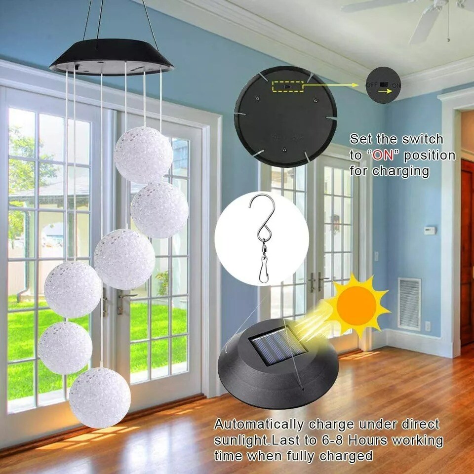 Solar Color Changing LED Ball Wind Chime Garden Yard Hanging Light Lamp Decor