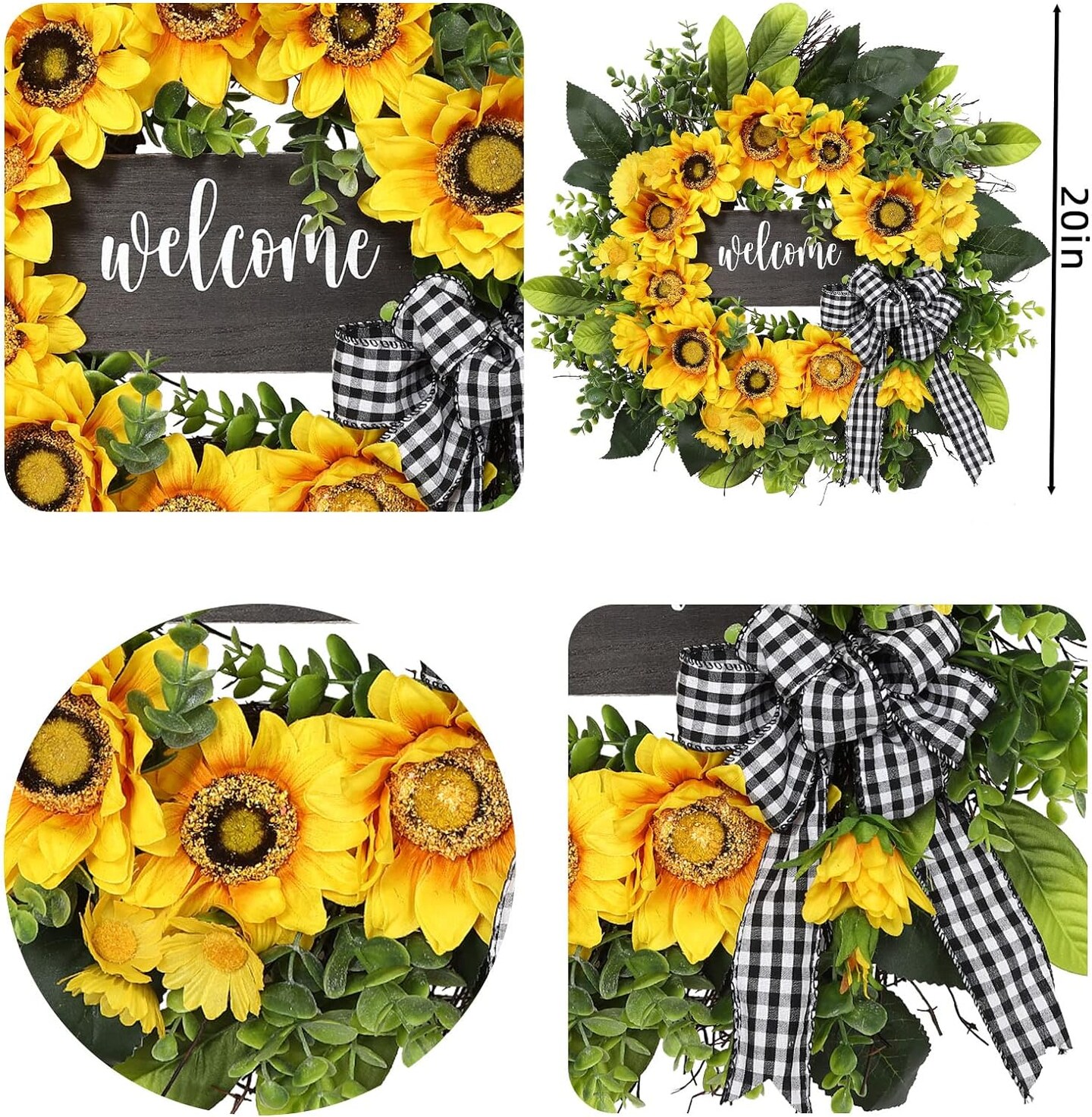 20-inch Sunflower Wreath with &#x22;Welcome&#x22; Sign &#x2013; Front Door Decor &#x26; Gift