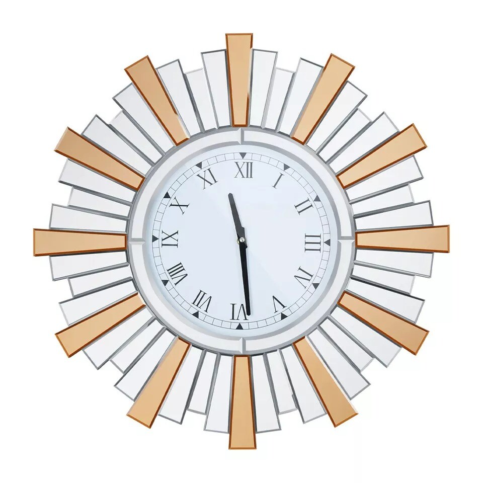 Rustic Beveled Mirrored Wall Hanging Clock Large Sunburst Mirrors for Home Decor