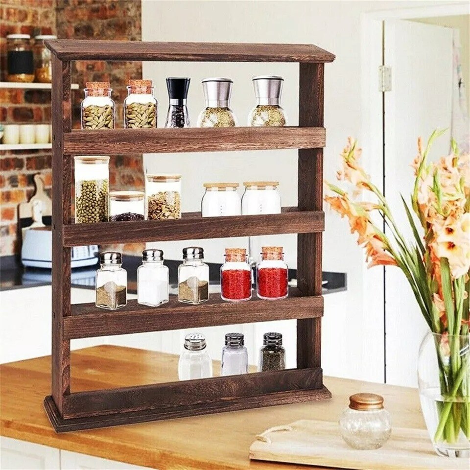 Wall Hanging Wood Spice Holder 4 Tier Vertical Kitchen Rack Spice Storage Shelf