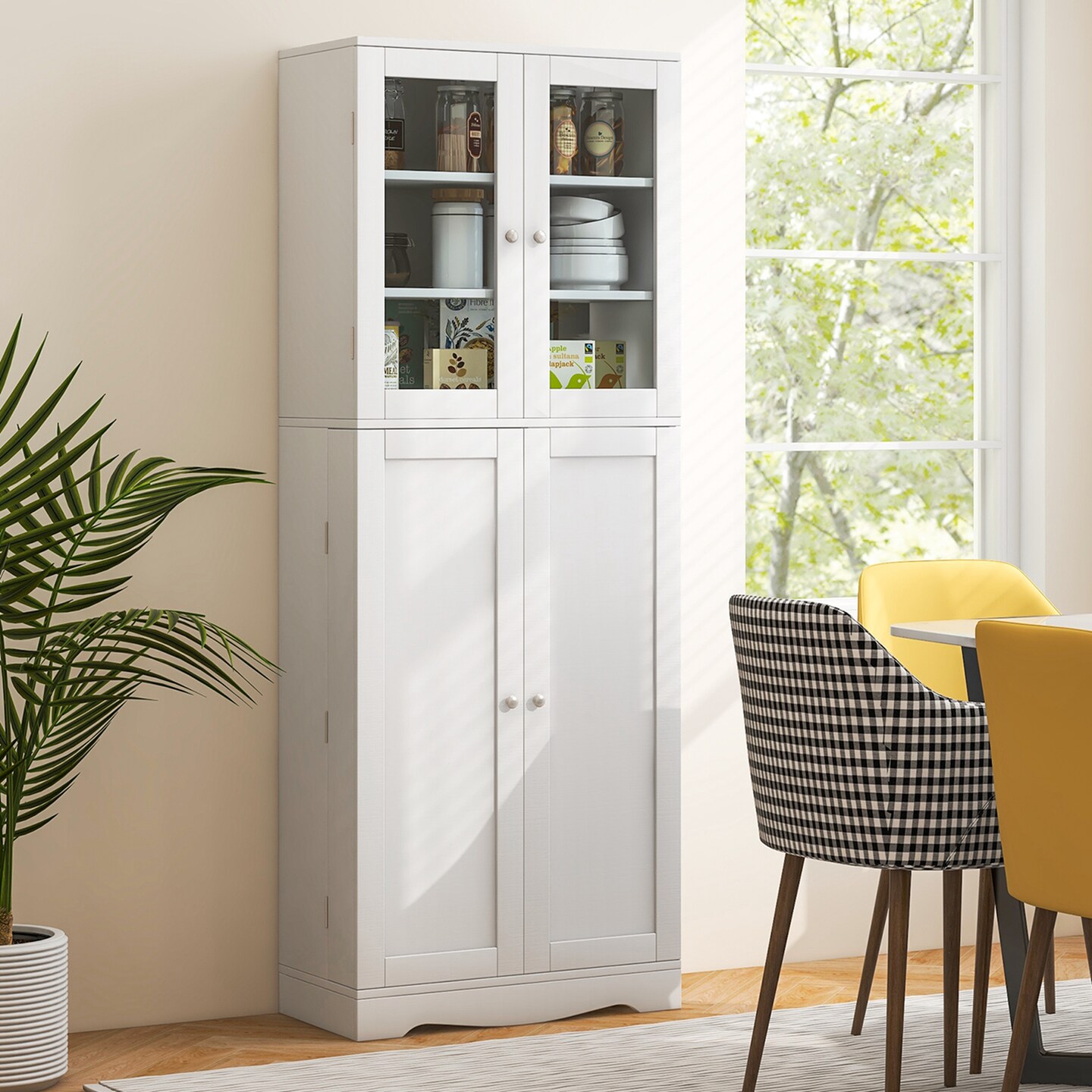 Costway 63.5&#x22; Tall Kitchen Pantry Storage Cabinet with Glass Door Storage Shelves Black/White