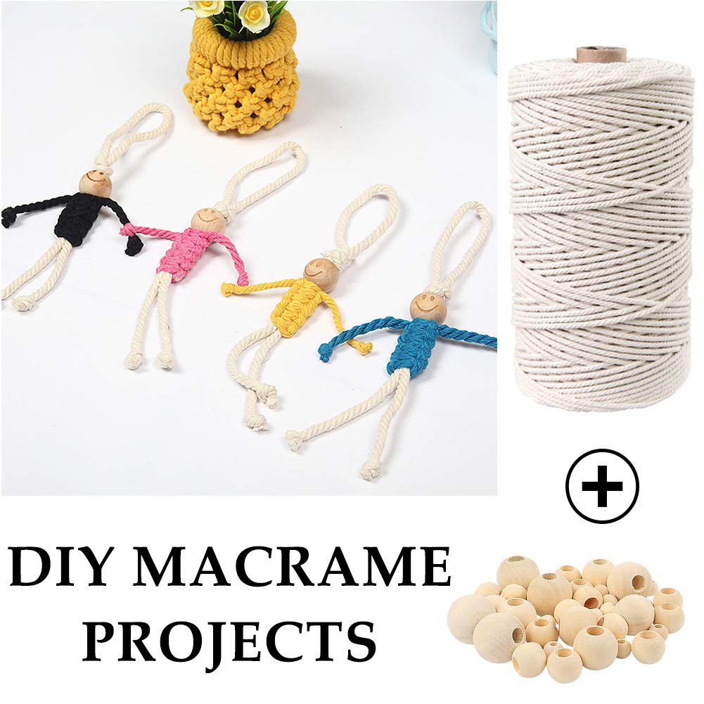 120 Pieces Macrame Kits for Beginners 3mm x 109yards Natural Cotton Macrame Cord with Wooden Beads &#x26; Rings,Wooden Sticks,Metal Rings Macrame Supplies Best for Macrame Plant Hanger
