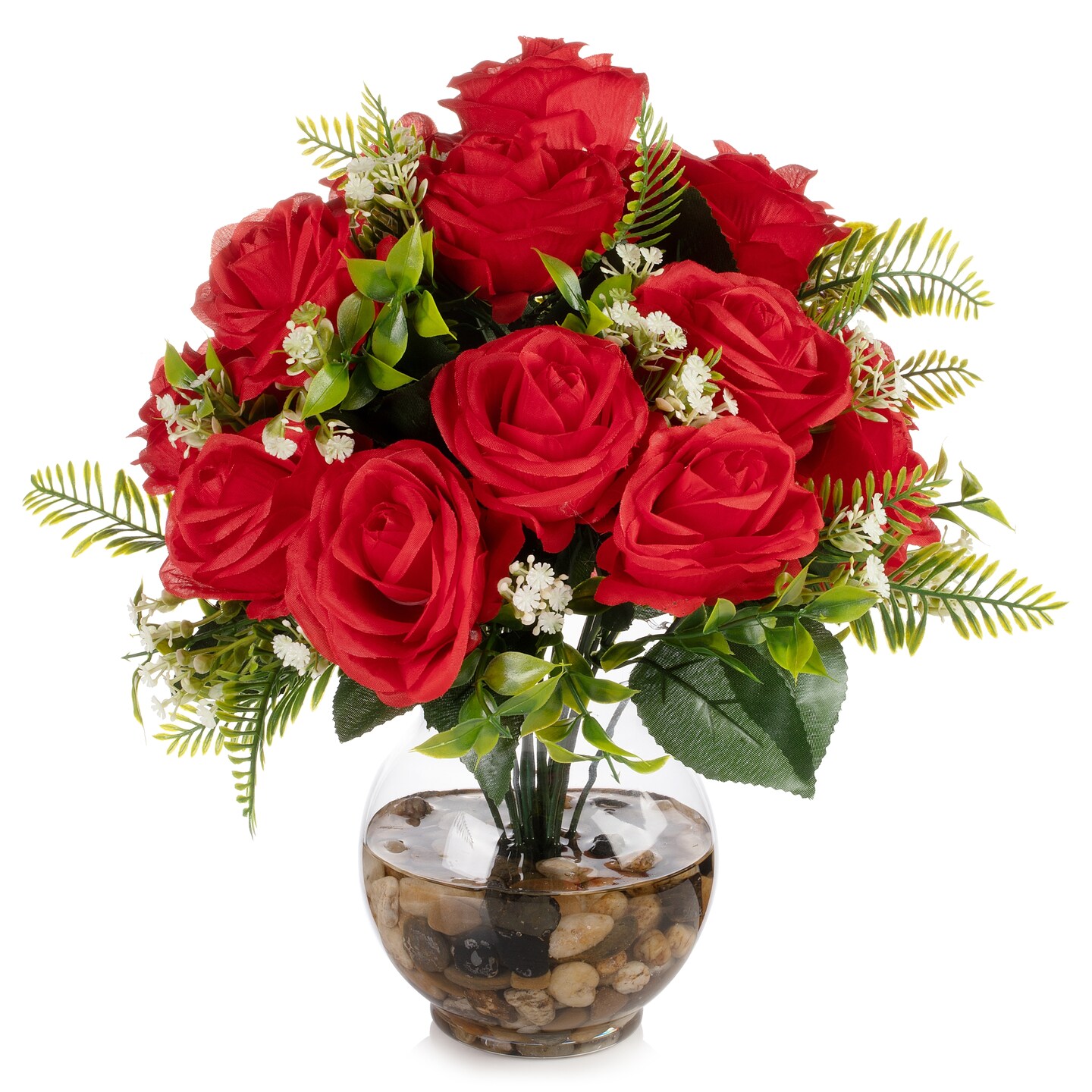 18 Heads Silk Rose Artificial Flowers in Vase,Faux Rose Flowers Arrangement in Round Bowl Vase with Faux Water and River Rock for Table Deco