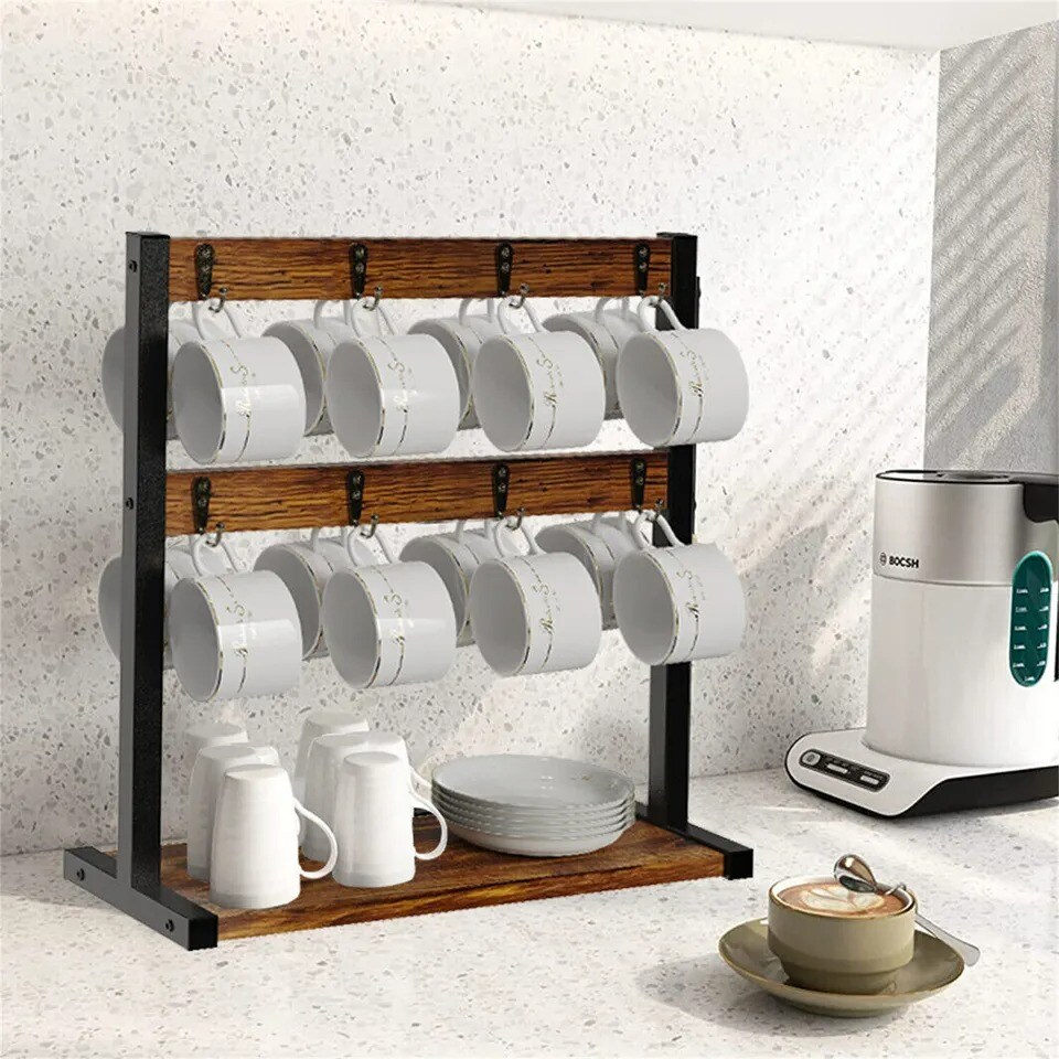 2-Tier Kitchen Coffee Mug Holder Stand Tabletop Cup Display Shelf with 16 Hooks