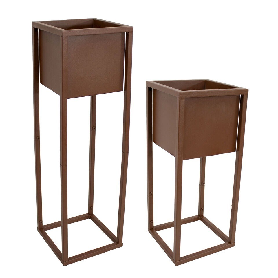 Modern Simplicity 8.25" Square Planters - 19.75" H and 27" H - Brown