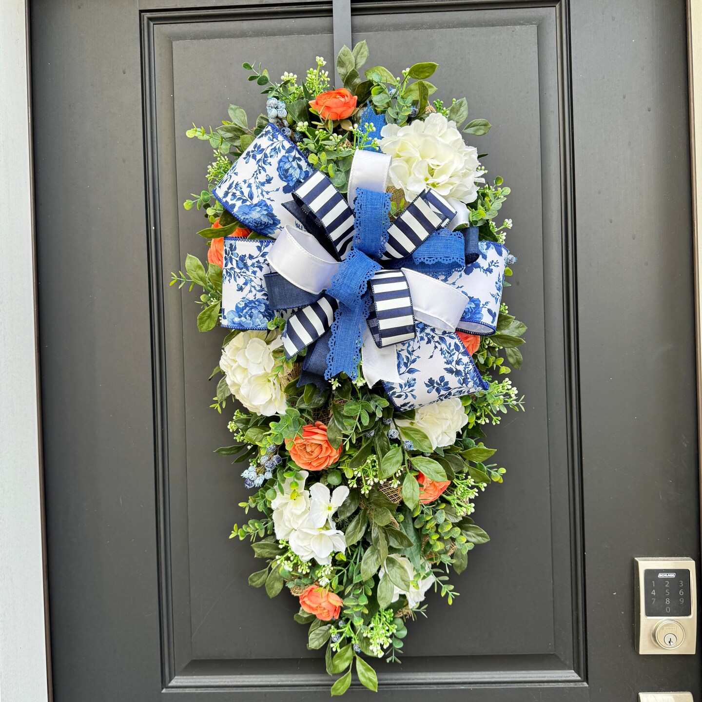 Blue and Coral Hydrangea Floral Wreath Swag, Spring and Summer