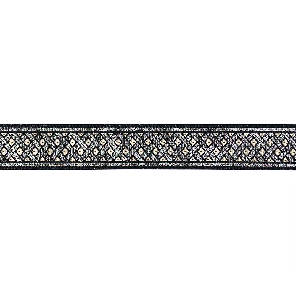 Designer's Shop JL 133 Jacquard metallic Silver Celtic ribbon trim, 1-3/8” (35mm) x 9 yards