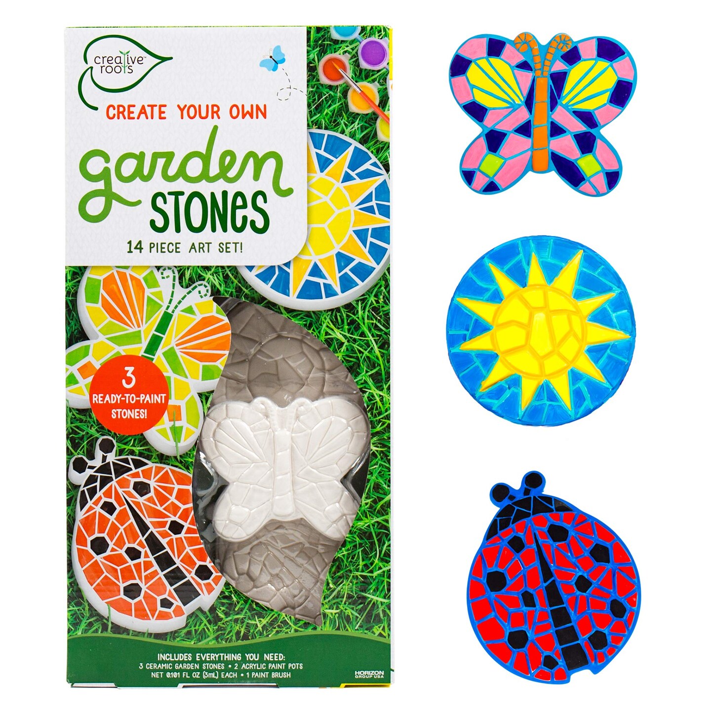 Creative Roots Mosaic Butterfly, Ladybug, & Sun Stepping Stone, Includes 3-Pack 4.5-Inch Ceramic Stepping Stone & 6 Vibrant Paints, Paint Your Own DIY Stepping Stone for Kids Ages 8+