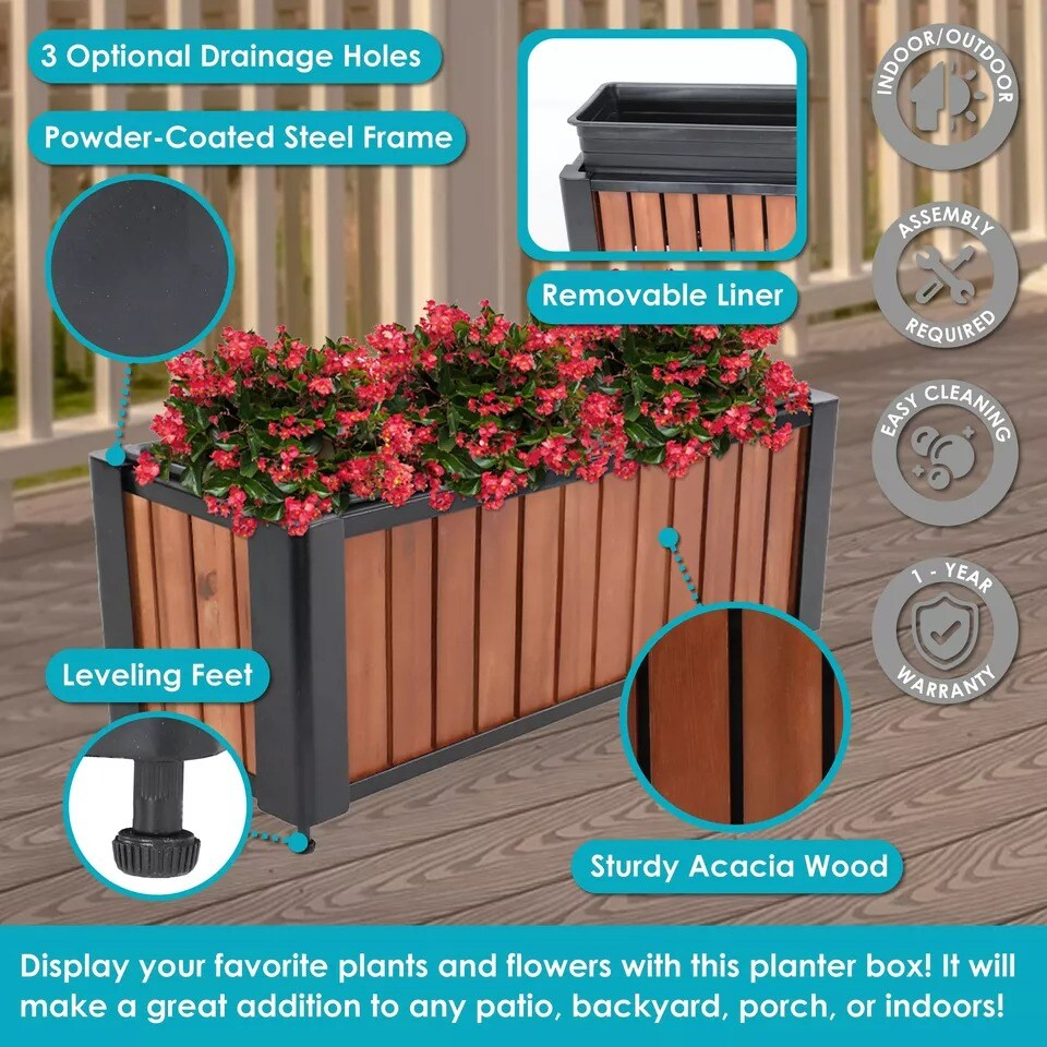 Acacia Wood Slatted Planter Box with Removable Insert