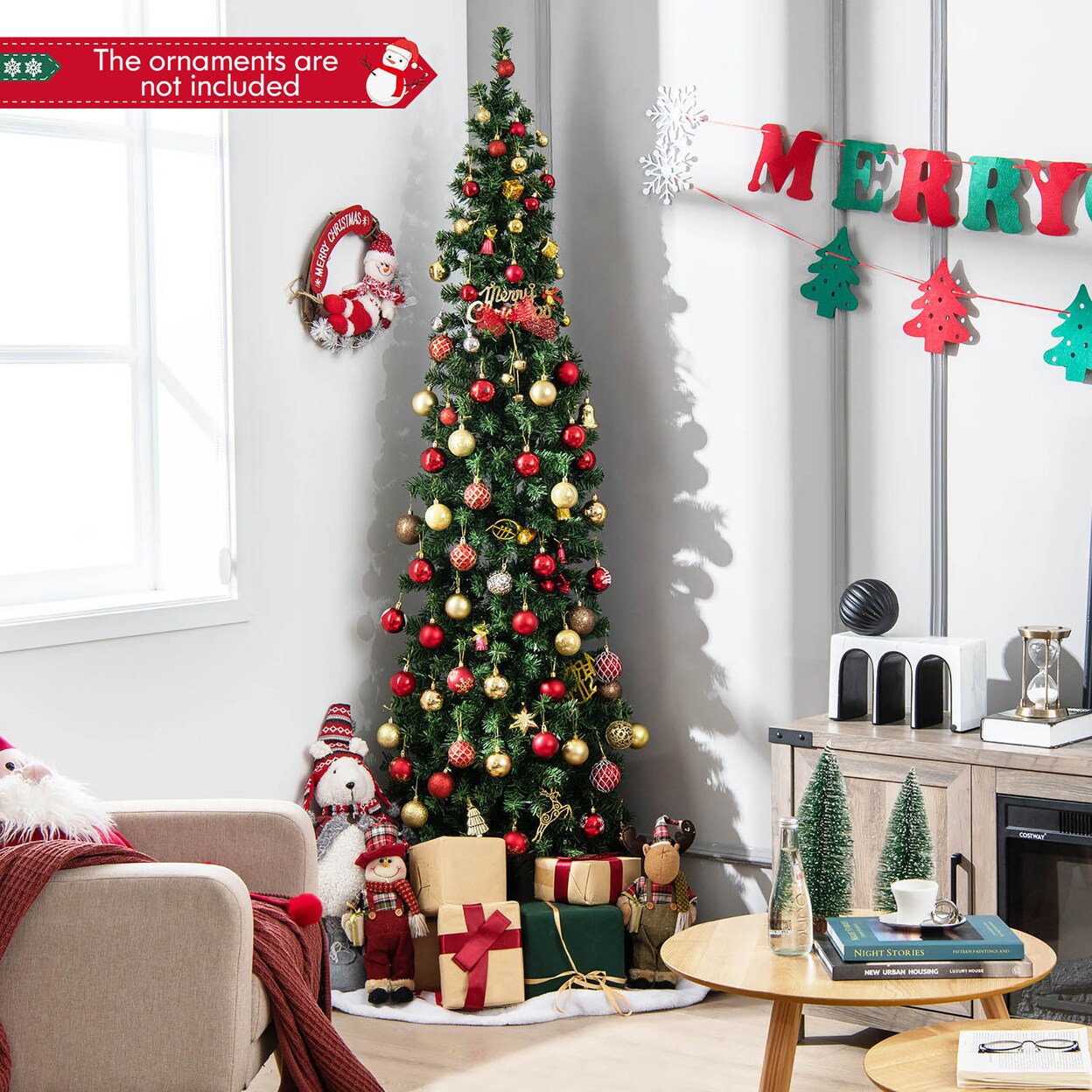 7Ft Pre-Lit Pvc Tree Half Artificial Tree W/ Branch Tips And Lights