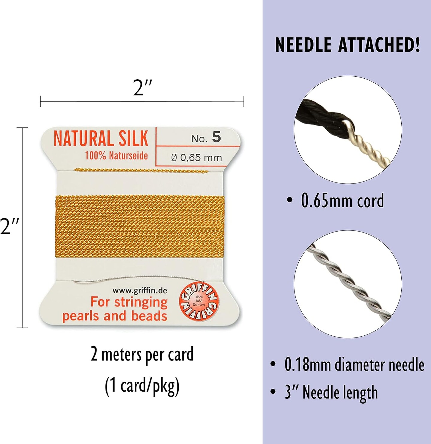 Griffin Silk Bead Cord Perlseide – Size 5 (0.65mm) – 2 Meters per Card – Stainless Steel Needle Attached – for Knotting Pearls, Gemstones, Crystals and Beads