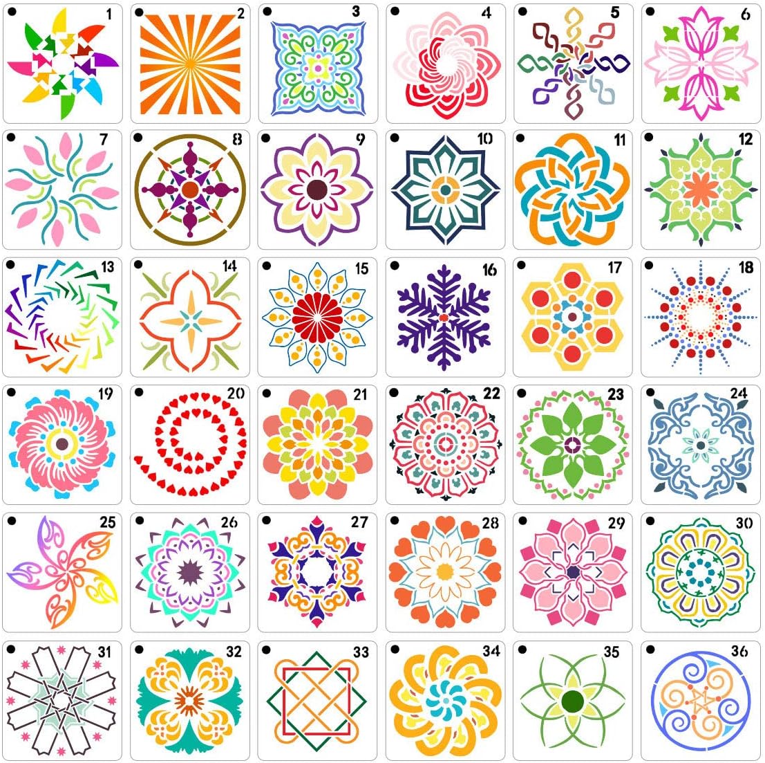 36-Pack Reusable Mandala Stencils – 3.6 x 3.6 in Dot Painting Templates for DIY Crafts on Rocks, Wood, Canvas, Fabric, Glass & Pottery