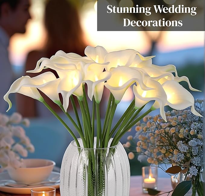 LED Lighted Artificial Flowers Calla Lily Bouquet 20 Stems Real Touch Calla Faux Flower Lights for Valentine's Day Gift and Easter Home Kitchen Wedding Dining Table Decor(White, No Vase)