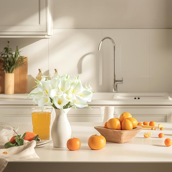 24 PCS White Fake Flowers Artificial Calla Lily Silk Flowers Real Touch for Mother's Day Easter Home Kitchen Decor Wedding Bouquet Office Spring Decoration