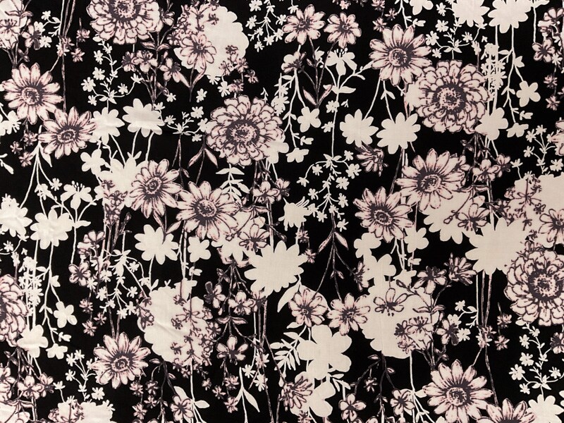 Black-White-Multi Rayon Floral Printed Challis Woven Fabric By the Yard