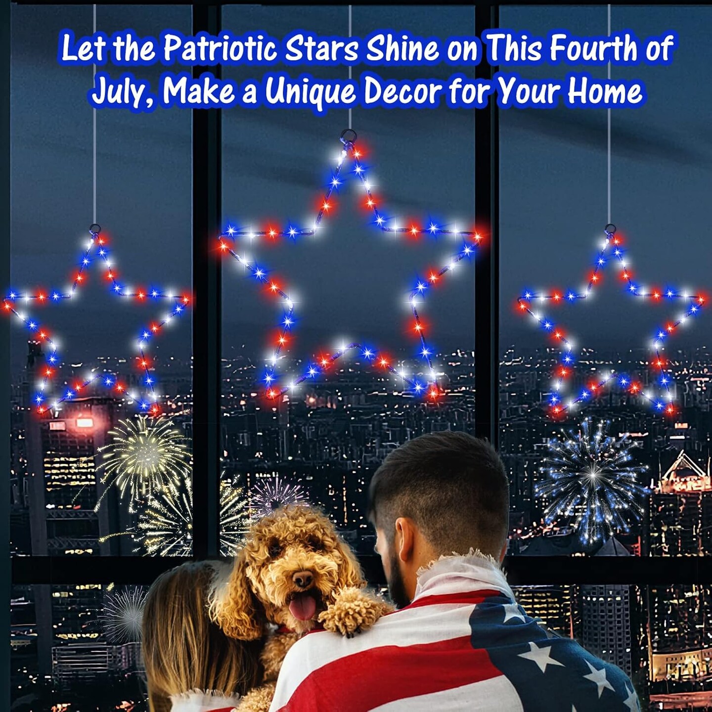 Red White and Blue Lights, 3Pack 4th of July Decorations Iron Framed Hanging Patriotic Star Light