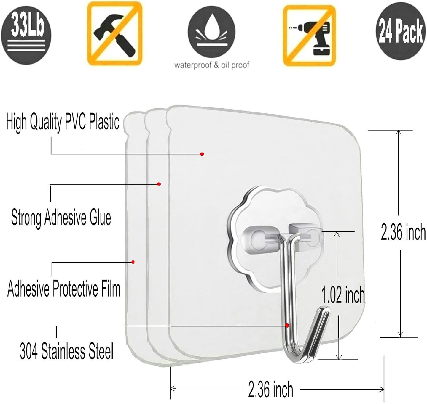 24 Pack Heavy Duty Self Adhesive Hooks - 33lb Max, Transparent Sticky Wall Hooks