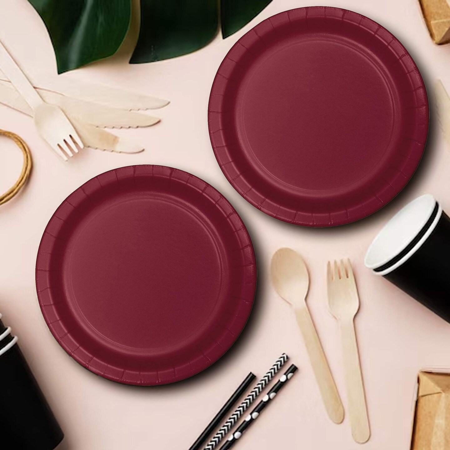 24 Count Burgundy Round Paper Plates 7 Inch for Elegant Party Snacks