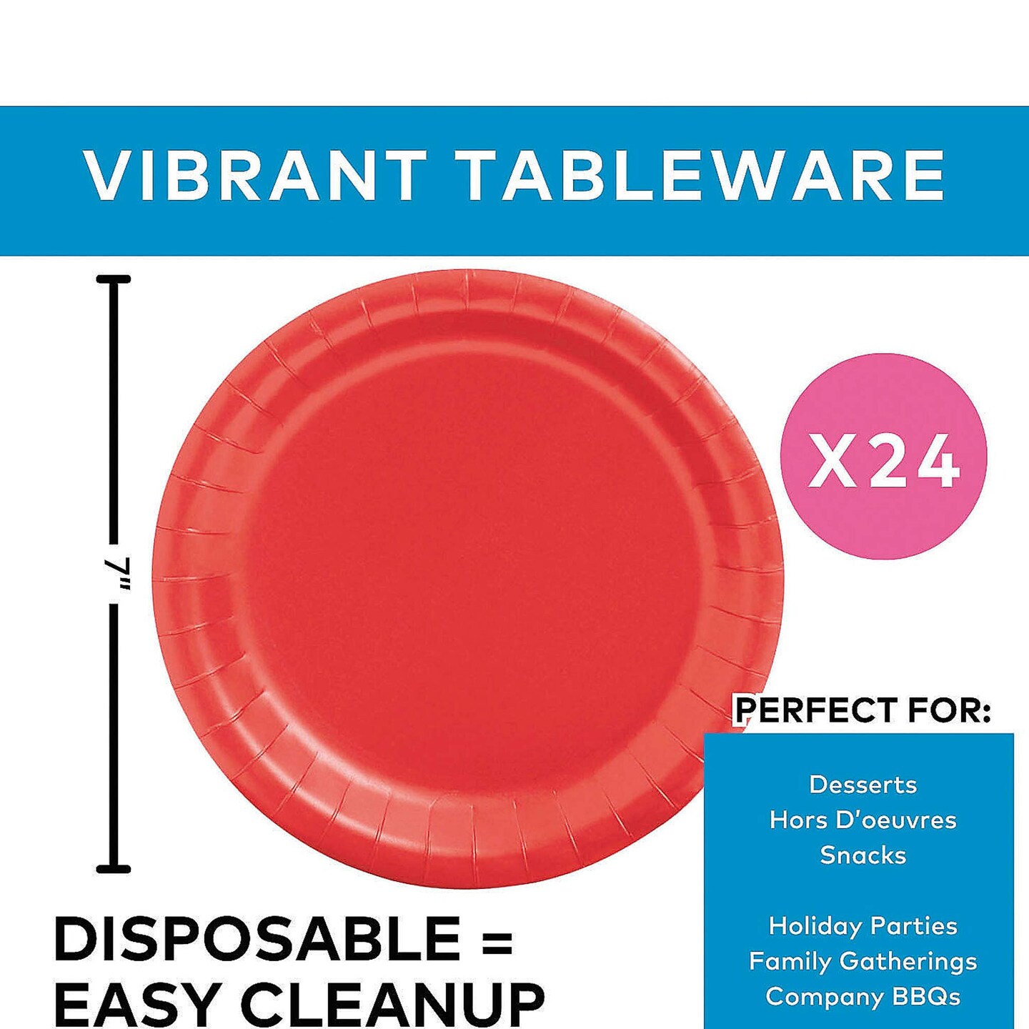 24 Count Red 7" Round Paper Dessert Plates for Birthday Party Holiday Wedding Decorations