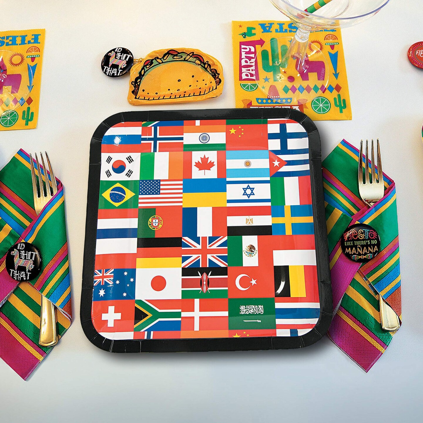 8 Ct. Flags of All Nations International Party Square Paper Dinner Plates 9" Multinational Flag Design
