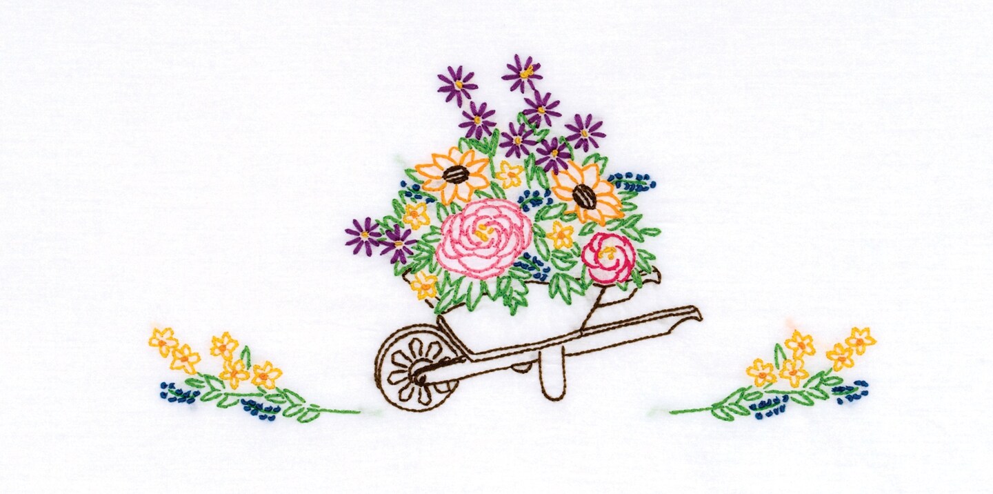 Jack Dempsey Stamped Pillowcases W/White Lace Edge 2/Pkg-Wheelbarrow Of Flowers