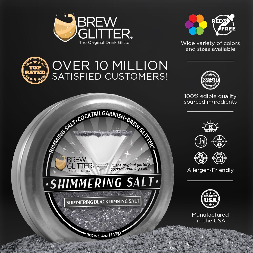 Brew Glitter - Shimmering Black Rimming Salt (4oz, 1x Bar Tin) Edible Glitter Blended Cocktail Garnish for Mixed Drinks and Beverages