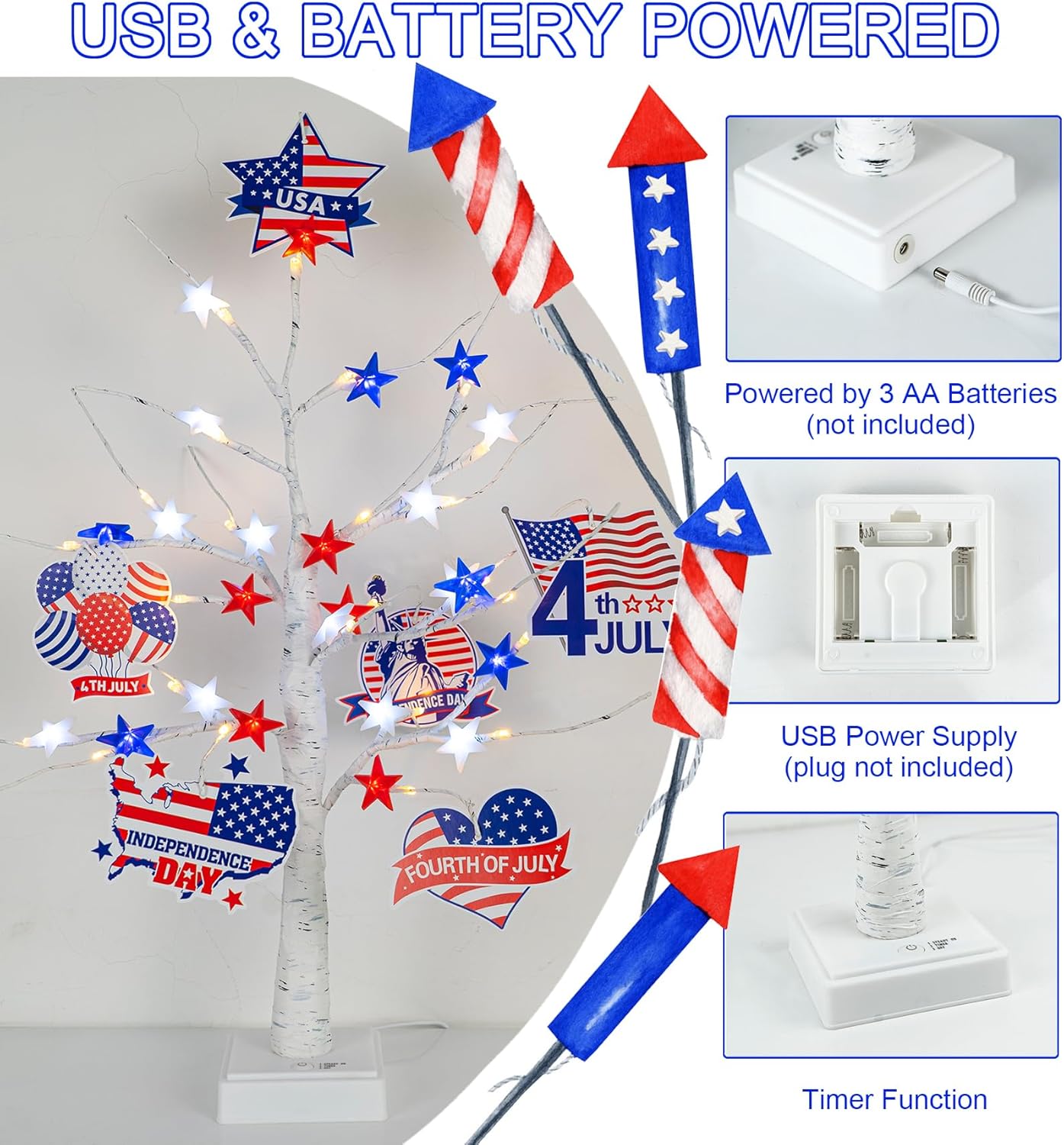 4th of July Decorations 25'' Light up Birch Tree with 24pcs Red White Blue Star Lights(48 LEDs )