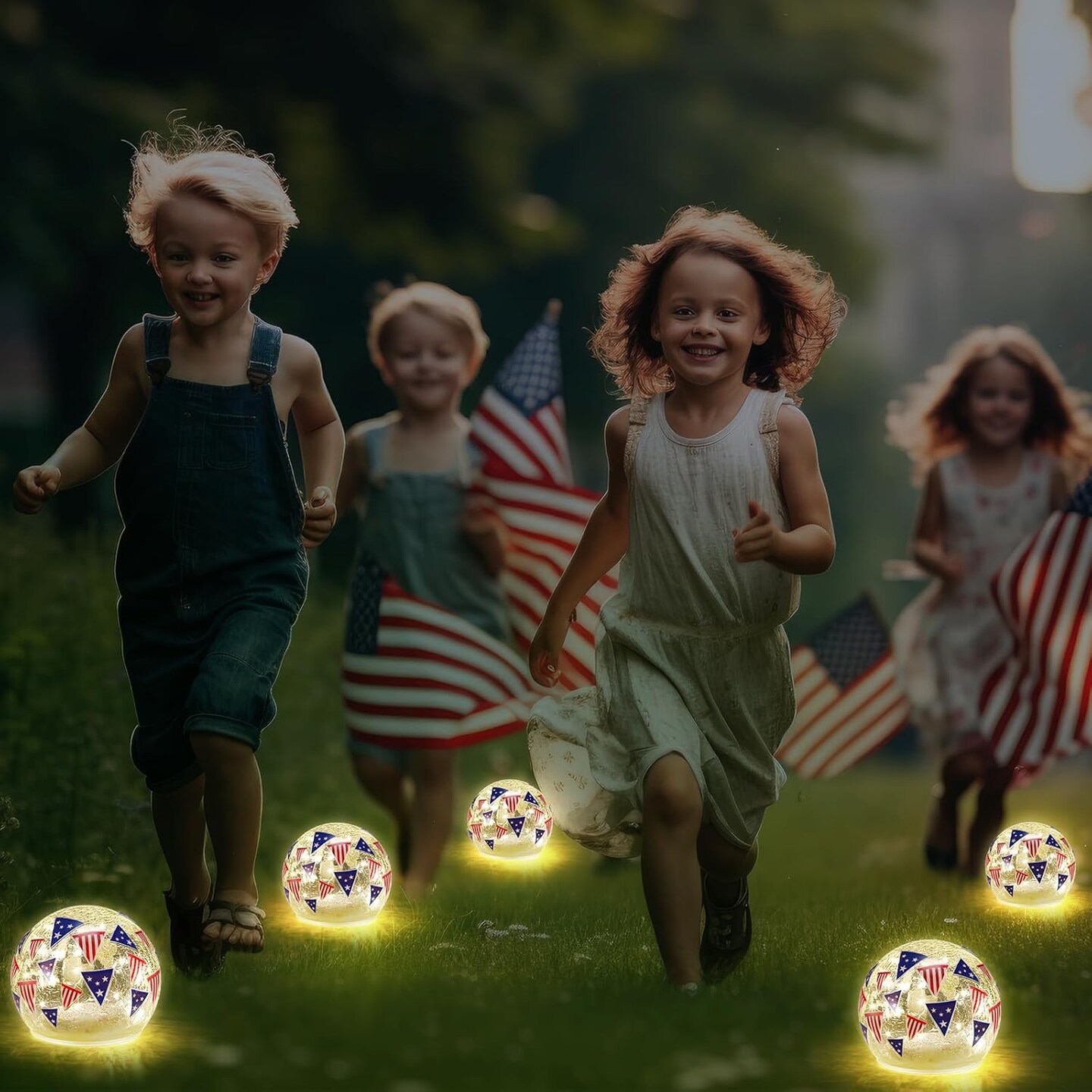 Independence Day -Crackle Glass Night Light Waterproof Battery Operated Glass Globe Ball Lamp