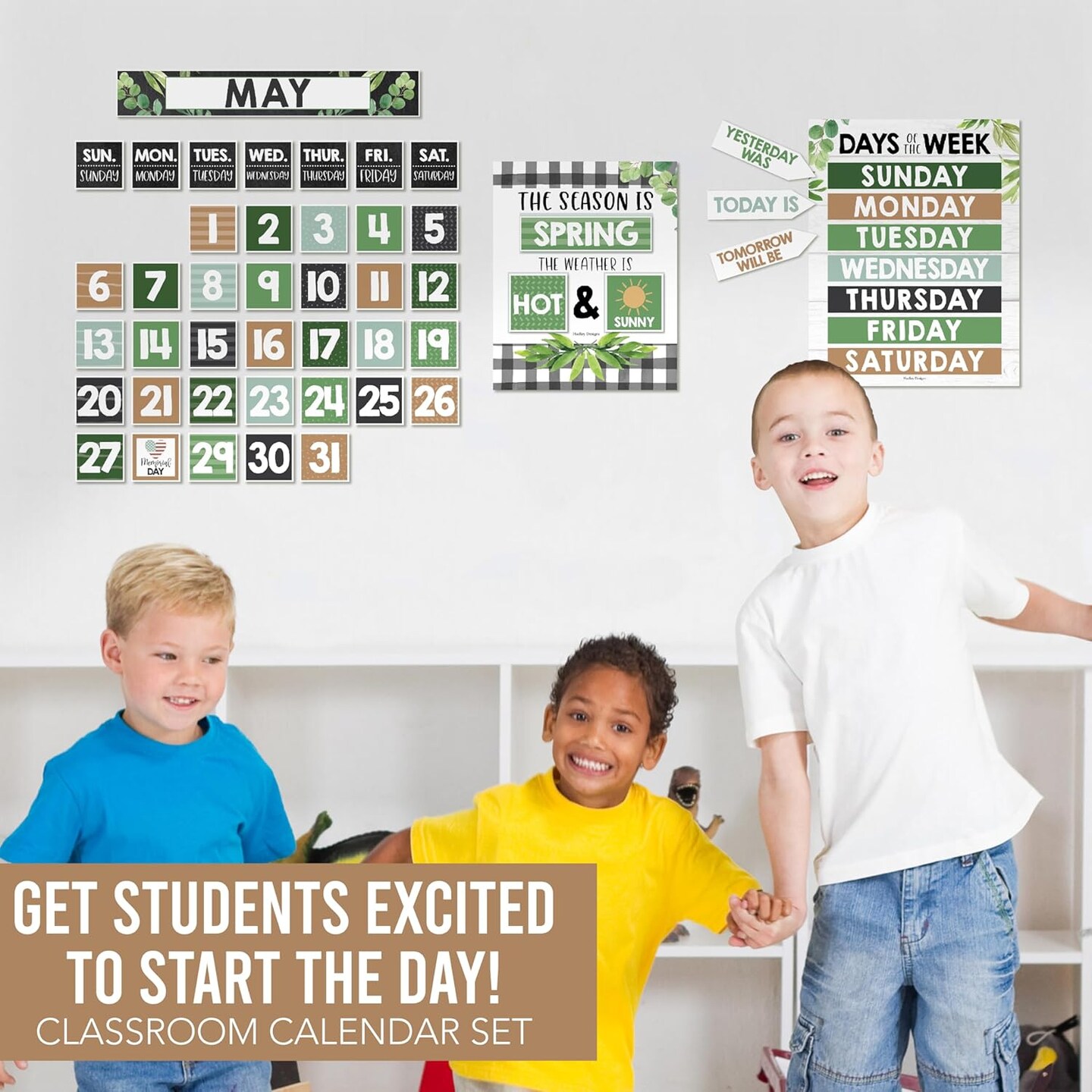 Classroom Calendar Set Bulletin Board Decor (Green, Brown, Black, White)