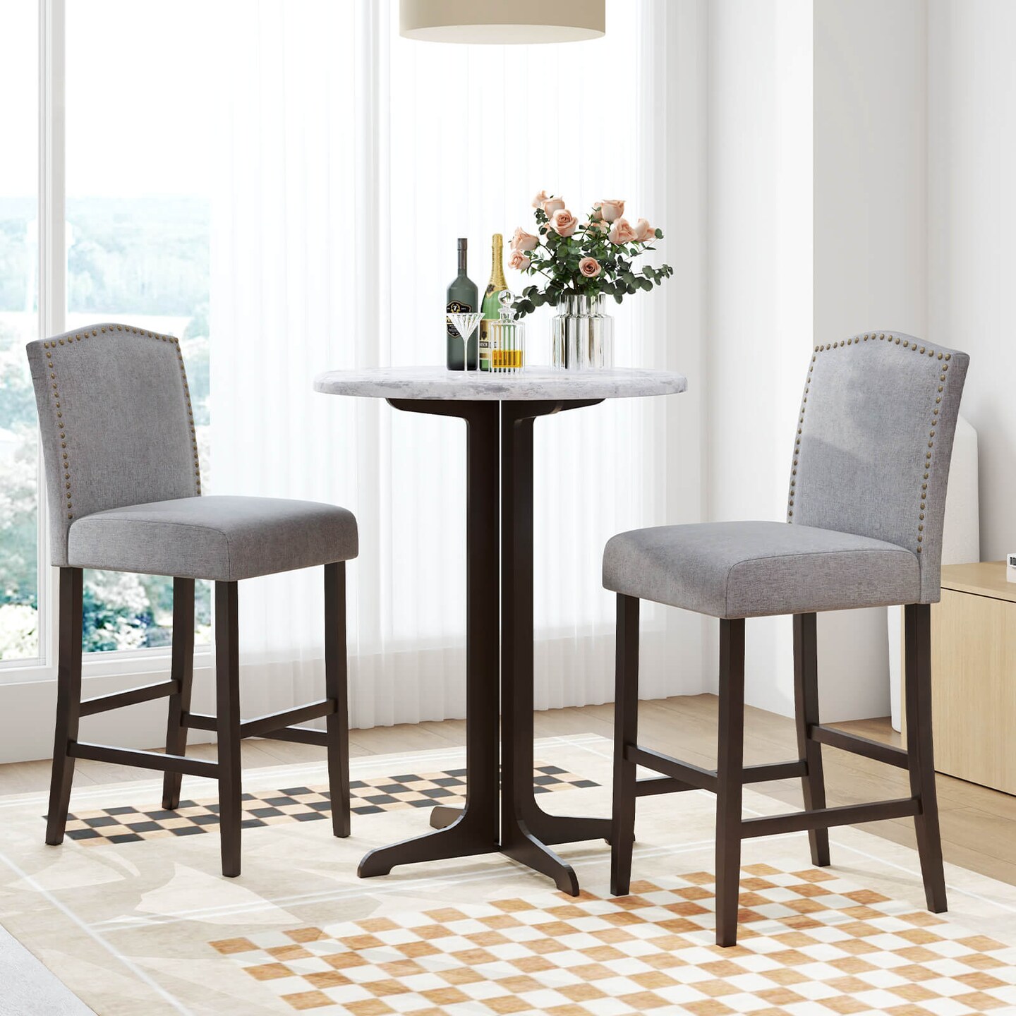 Costway Set of 2 Bar Stools 30&#x22; Upholstered Kitchen Breakfast Nailhead Bar Chairs Gray