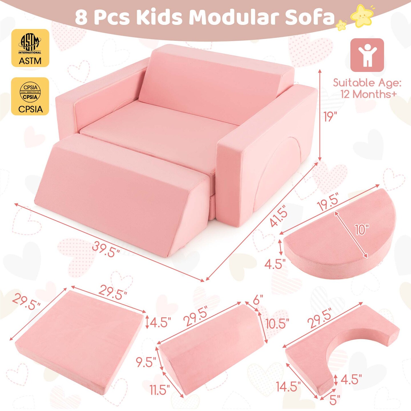 Costway Kids Modular Play Sofa 8 PCS with Detachable Cover for Playroom & Bedroom Indoor Pink/Grey