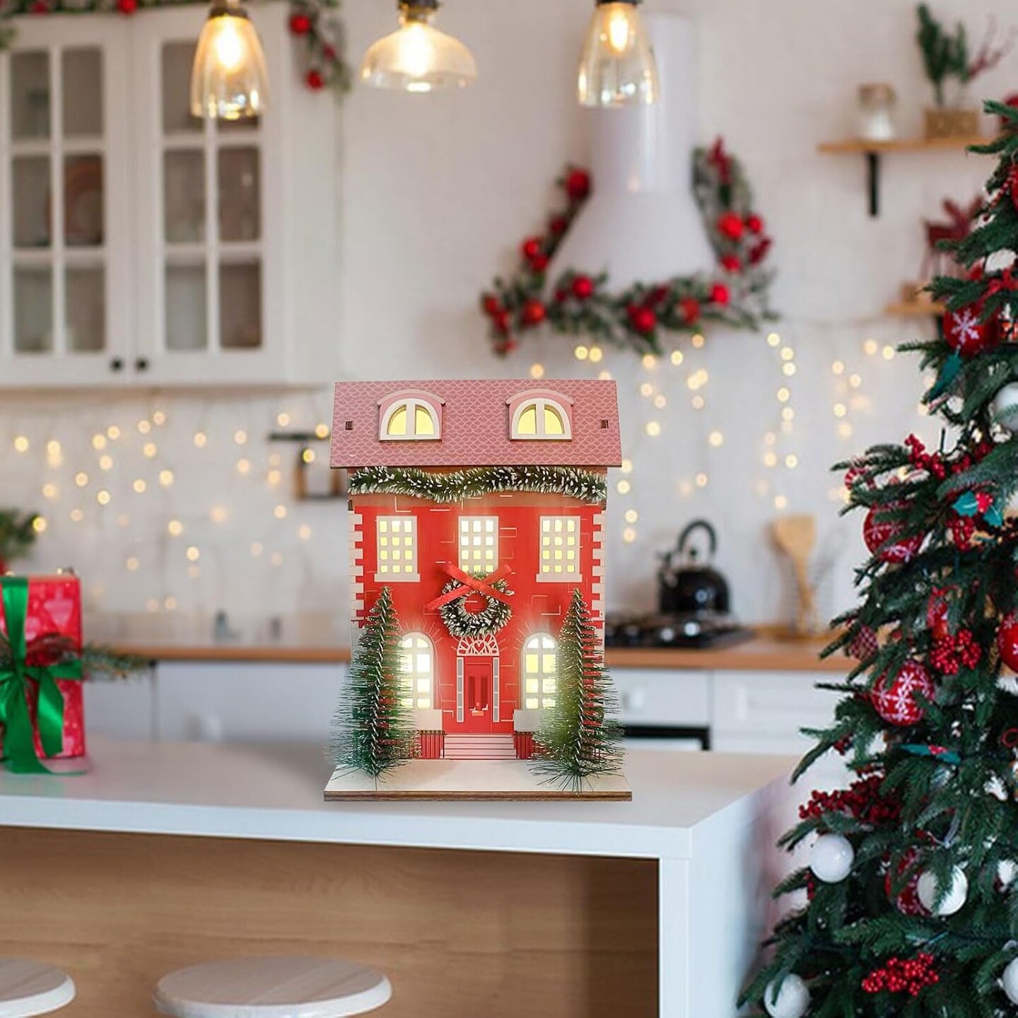 Christmas Village Set, Wooden Snow House with Christma Tree House, LED Lights Glowing Collectible Building for Kids, Adults, Indoor Desktop, Architectural Decorations