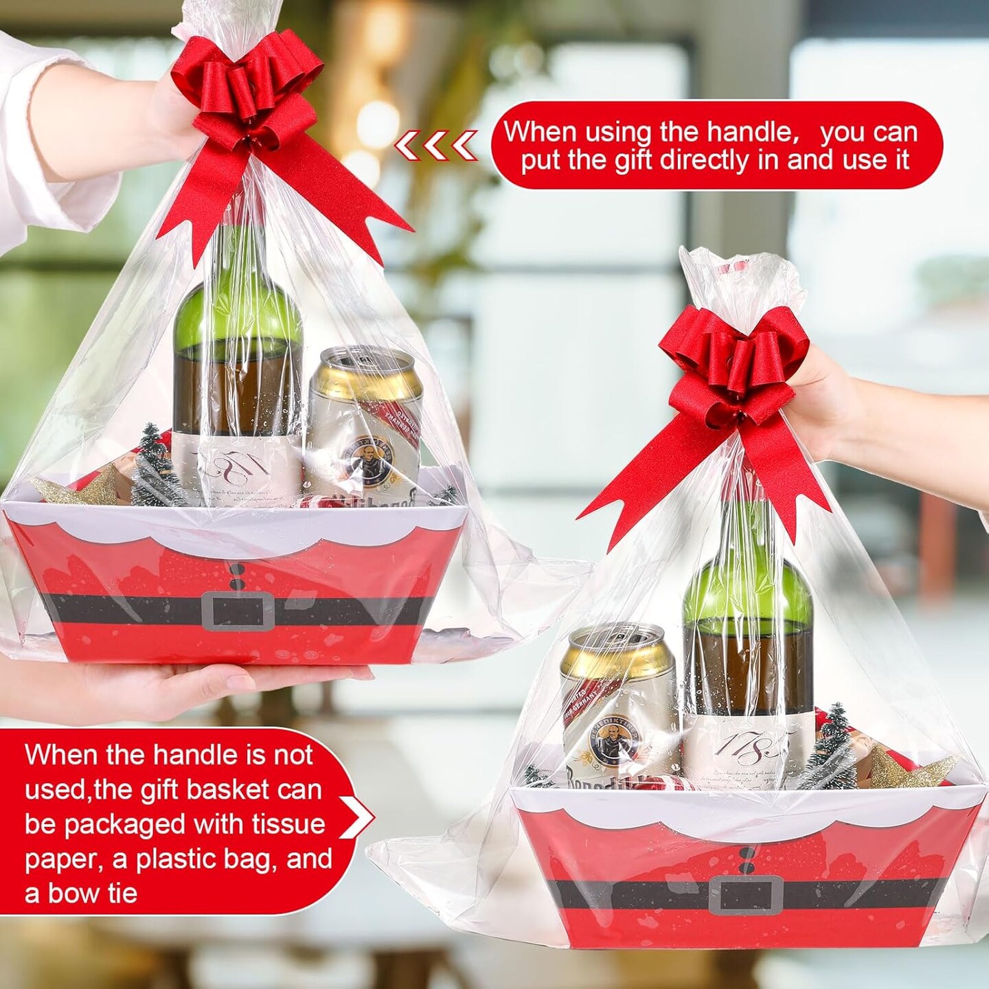 36 Pcs 12 Pack Christmas Baskets for Gifts Empty Santa Belt Cardboard Baskets Bags Kit Red Pull Bows Wine Basket for Xmas (Modern,12 x 10 Inch)