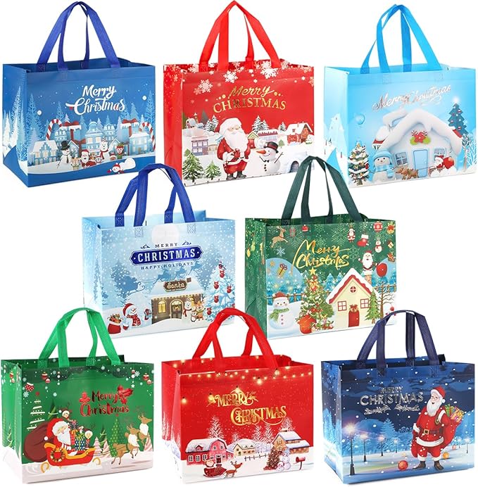 Christmas Gift Bags, BronzingChristmas Tote Bags with Handles, Christmas Treat Bags, Multifunctional Non-Woven Bags for Gifts Wrapping Shopping, Xmas Basket Party Supplies, 12.8&#x22;&#xD7;9.8&#x22;&#xD7;6.7&#x22;