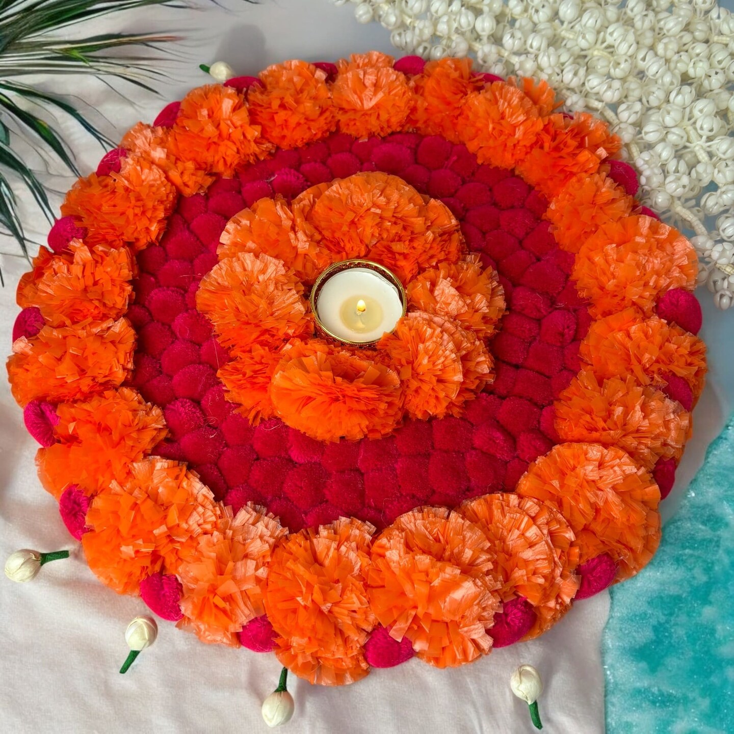 Rangoli Mat Diwali Decor Round Tea Light Holders Artificial Marigold Flowers Pompom Decorative Home Pooja Temple Decor Housewarming Return Gift Day of the Dead Dia De Los Muertos Ofrenda