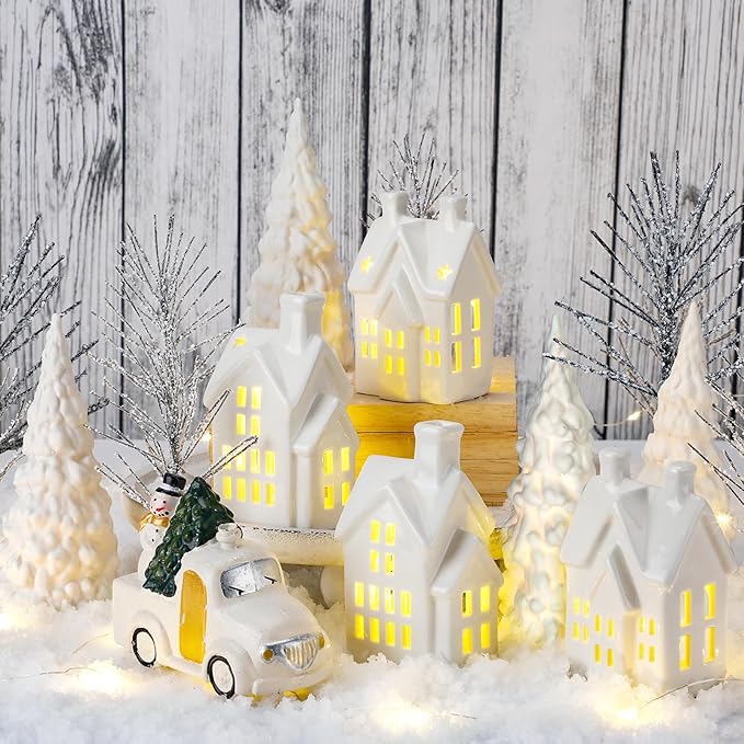 Village Houses Ceramic Christmas Tree Porcelain Plastic Vintage Truck Snow Covered Branch Trees for Xmas Party Table Decorations