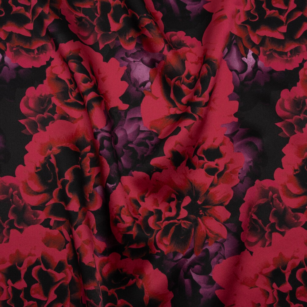 1 Yard Red and Purple Roses Silk Charmeuse for Dresses Tops Blouses 44 inch Width