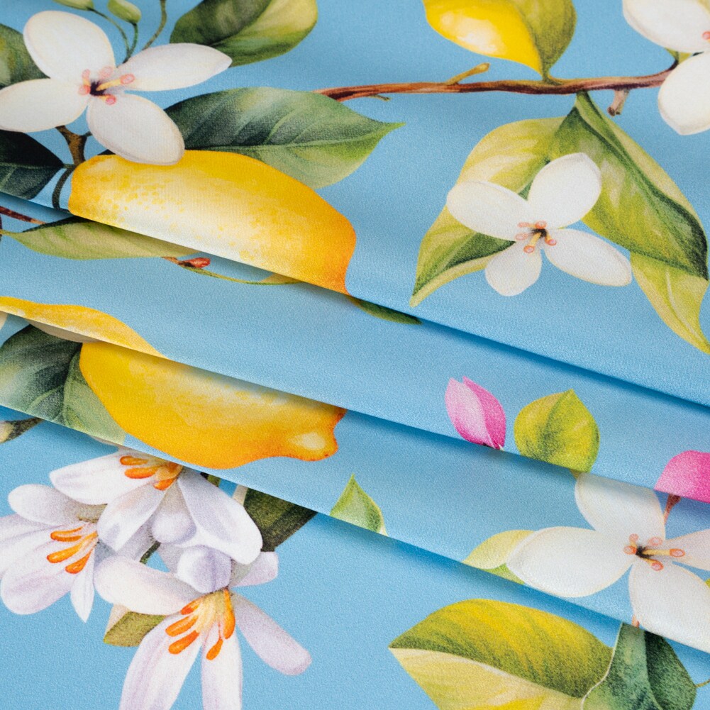 1 Yard Sky Blue Green Yellow Blossoming Lemon Tree Silk Charmeuse 53 inch Width