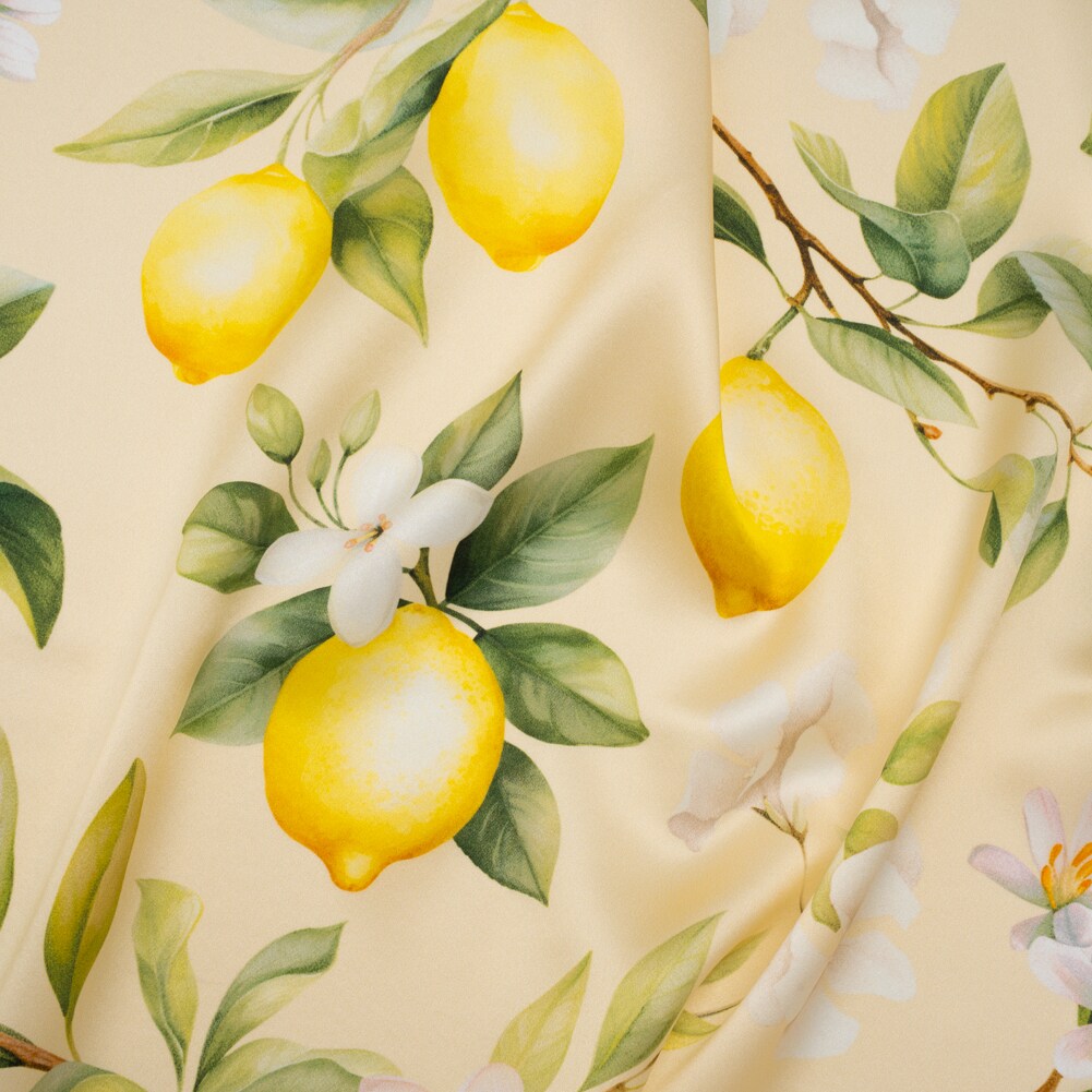 1 Yard Italian Silk Charmeuse Fabric Cream, Green and Yellow Blossoming Lemon Tree Print 53" Width