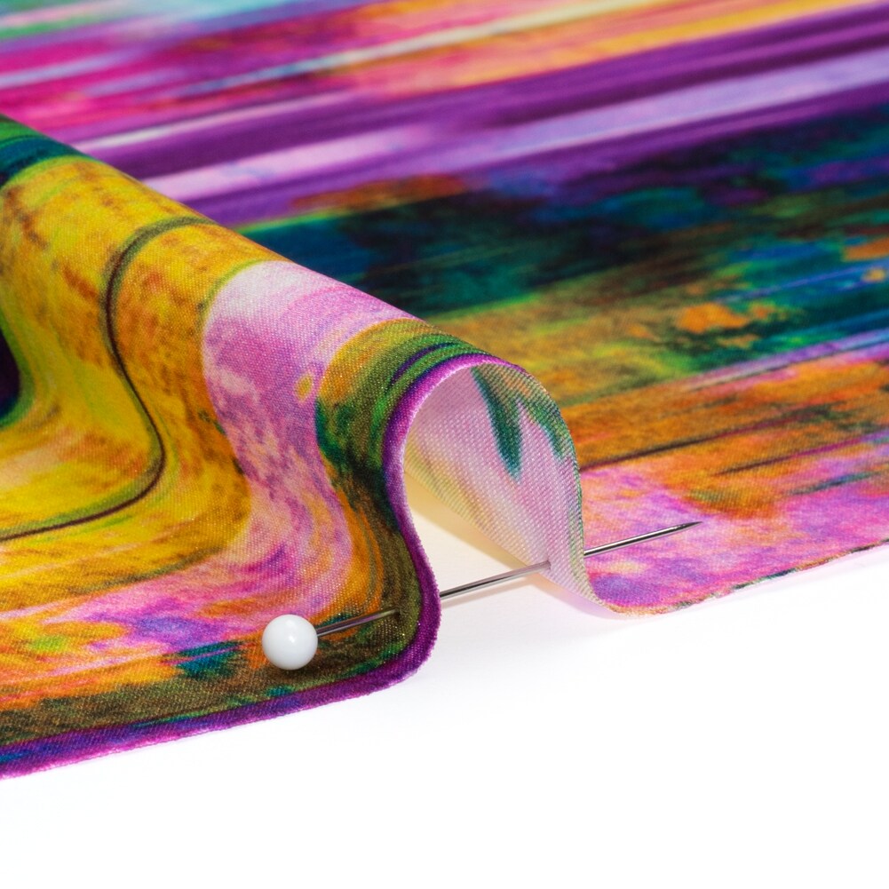 1 Yard Silk Charmeuse Fabric Yellow, Purple and Pink Abstract Painted Stripes 54 inch Width