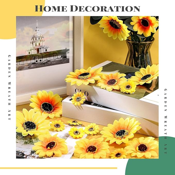 50pc Clip on Artificial Sunflower Heads - Faux Silk Yellow Flower Decor in 3 Sizes (3.8", 3", 1.6") with Metal Clips for Christmas Tree, Wedding Bouquets & DIY Crafts