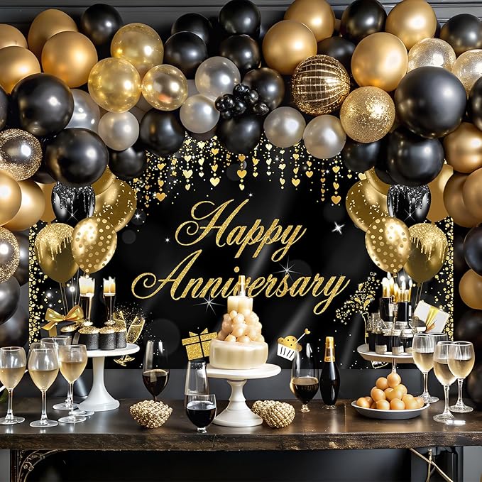 Extra Large Happy Anniversary Banner (70.8" x 43.3") - Black & Gold Fabric Photo Backdrop - Premium Polyester Anniversary Decorations for Wedding, Bridal Shower, Indoor & Outdoor Party Decor