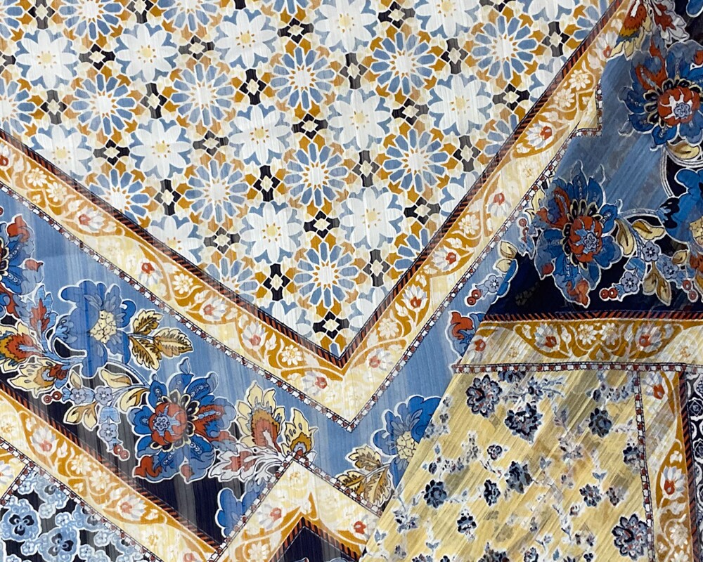 Blue-Multi Poly Floral Printed Satin Stripe Chiffon Woven Fabric By the Yard