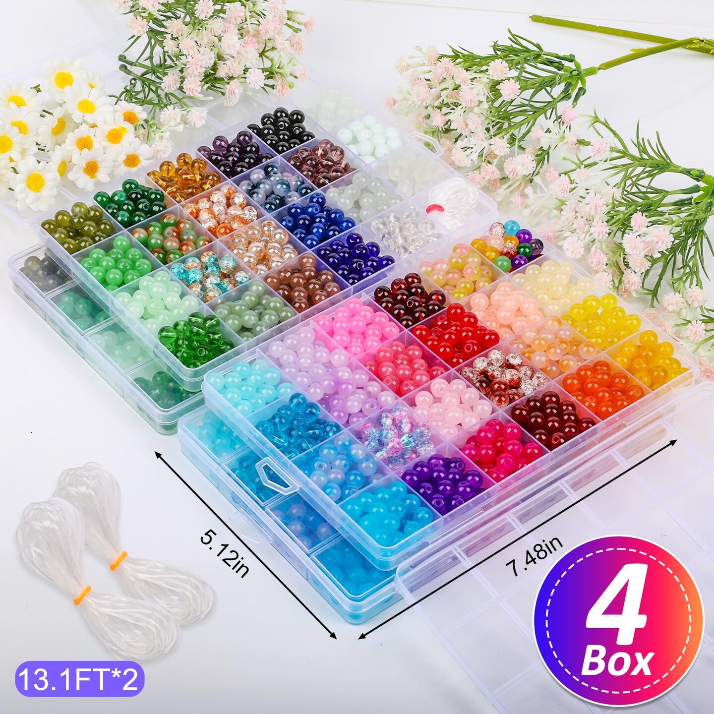 2400 PCS 8mm Glass Beads Bracelet Making Kit, 47 Colors Crystal Beads for Jewelry Making and DIY Crafts,4 Box Round Beads