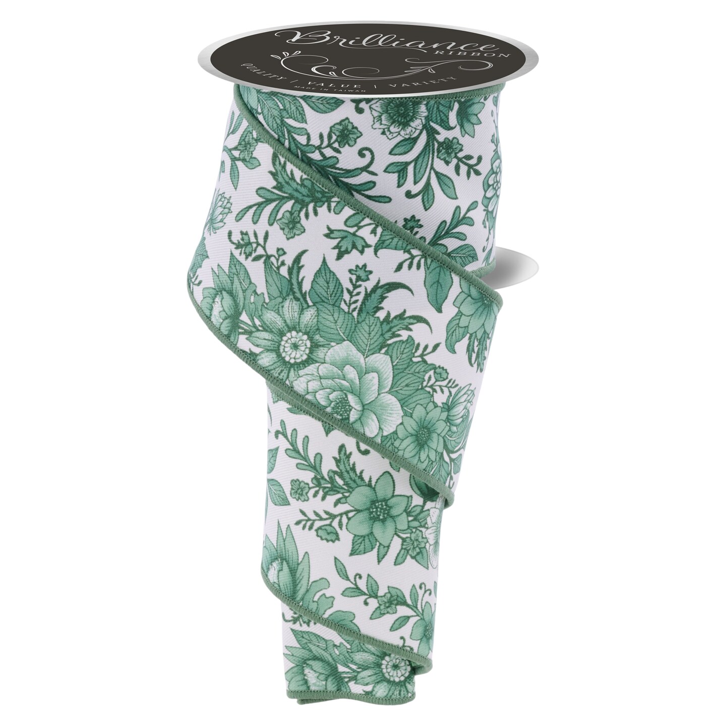 Brilliance 2.5" Chinoiserie Florals Wired Ribbon 30' - Ivory, Sage Green - For Flower Pattern Bows, Wreaths, Gift Wrap, Crafts and Decorations